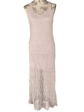 Mauve Gray Neutral Taupe Fitted Stretch Lace Dress ISSI Sheer Bodycon Midi Maxi